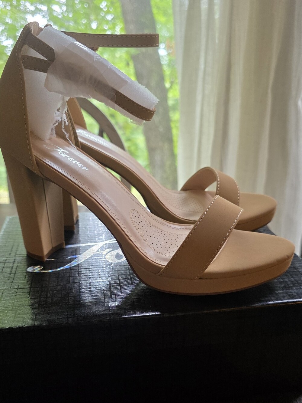 Forever Josina Nude/Tan Block Heel Ankle-Strap Sandals